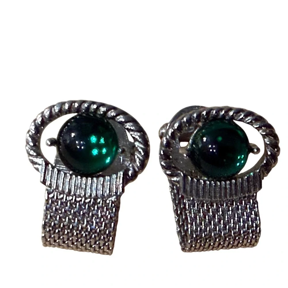 Vintage Mens Swank Silver‎ Tone Green Cabochon Mesh Wrap Around Cufflinks w Box